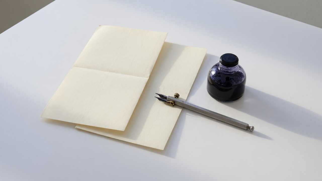 Folded cream paper, a black ink bottle, and a steel ruling pen on a white table